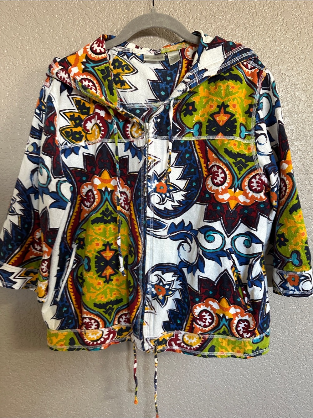 Chico's Multicolor Hooded Zip Jacket - White, Green, Blue, Orange, Yellow, Red